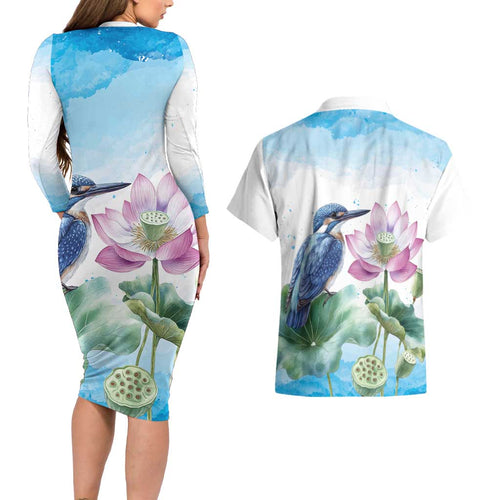 Australia Azure Kingfisher Couples Matching Long Sleeve Bodycon Dress and Hawaiian Shirt Ceyx Azureus Sacred Lotus Watercolor - Aussie Hoodie