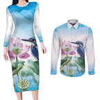 Australia Azure Kingfisher Couples Matching Long Sleeve Bodycon Dress and Long Sleeve Button Shirt Ceyx Azureus Sacred Lotus Watercolor - Aussie Hoodie