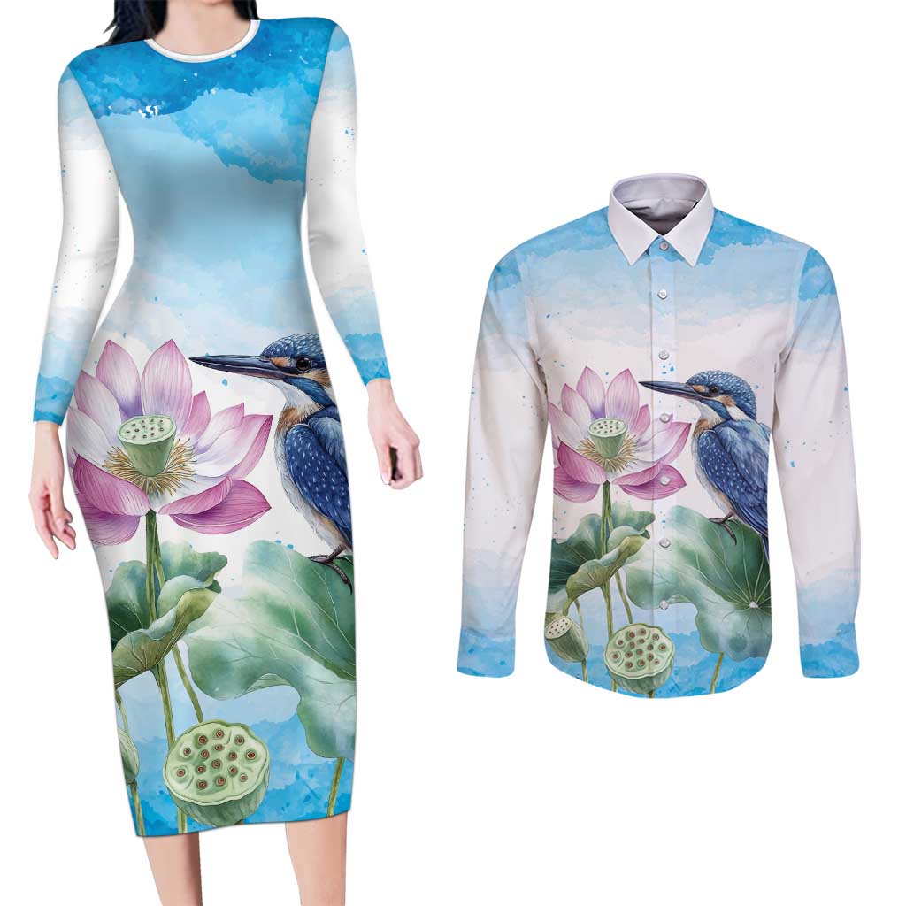 Australia Azure Kingfisher Couples Matching Long Sleeve Bodycon Dress and Long Sleeve Button Shirt Ceyx Azureus Sacred Lotus Watercolor - Aussie Hoodie