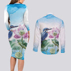 Australia Azure Kingfisher Couples Matching Long Sleeve Bodycon Dress and Long Sleeve Button Shirt Ceyx Azureus Sacred Lotus Watercolor - Aussie Hoodie