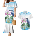 Australia Azure Kingfisher Couples Matching Mermaid Dress and Hawaiian Shirt Ceyx Azureus Sacred Lotus Watercolor - Aussie Hoodie