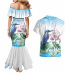 Australia Azure Kingfisher Couples Matching Mermaid Dress and Hawaiian Shirt Ceyx Azureus Sacred Lotus Watercolor - Aussie Hoodie