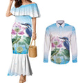 Australia Azure Kingfisher Couples Matching Mermaid Dress and Long Sleeve Button Shirt Ceyx Azureus Sacred Lotus Watercolor - Aussie Hoodie