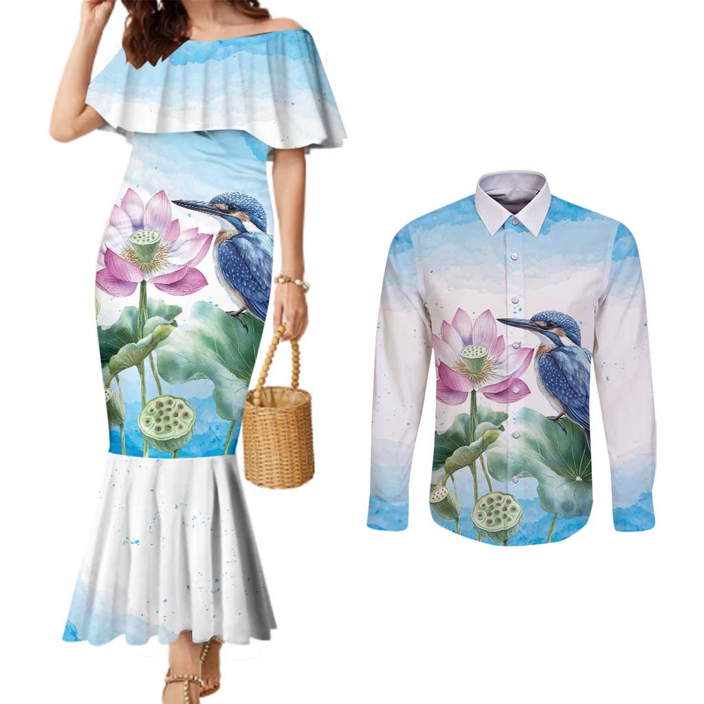 Australia Azure Kingfisher Couples Matching Mermaid Dress and Long Sleeve Button Shirt Ceyx Azureus Sacred Lotus Watercolor - Aussie Hoodie