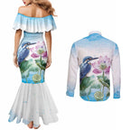 Australia Azure Kingfisher Couples Matching Mermaid Dress and Long Sleeve Button Shirt Ceyx Azureus Sacred Lotus Watercolor - Aussie Hoodie