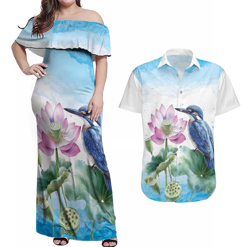Australia Azure Kingfisher Couples Matching Off Shoulder Maxi Dress and Hawaiian Shirt Ceyx Azureus Sacred Lotus Watercolor - Aussie Hoodie