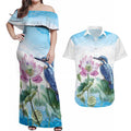 Australia Azure Kingfisher Couples Matching Off Shoulder Maxi Dress and Hawaiian Shirt Ceyx Azureus Sacred Lotus Watercolor - Aussie Hoodie