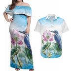 Australia Azure Kingfisher Couples Matching Off Shoulder Maxi Dress and Hawaiian Shirt Ceyx Azureus Sacred Lotus Watercolor - Aussie Hoodie