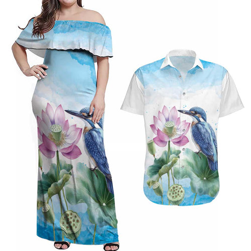 Australia Azure Kingfisher Couples Matching Off Shoulder Maxi Dress and Hawaiian Shirt Ceyx Azureus Sacred Lotus Watercolor - Aussie Hoodie