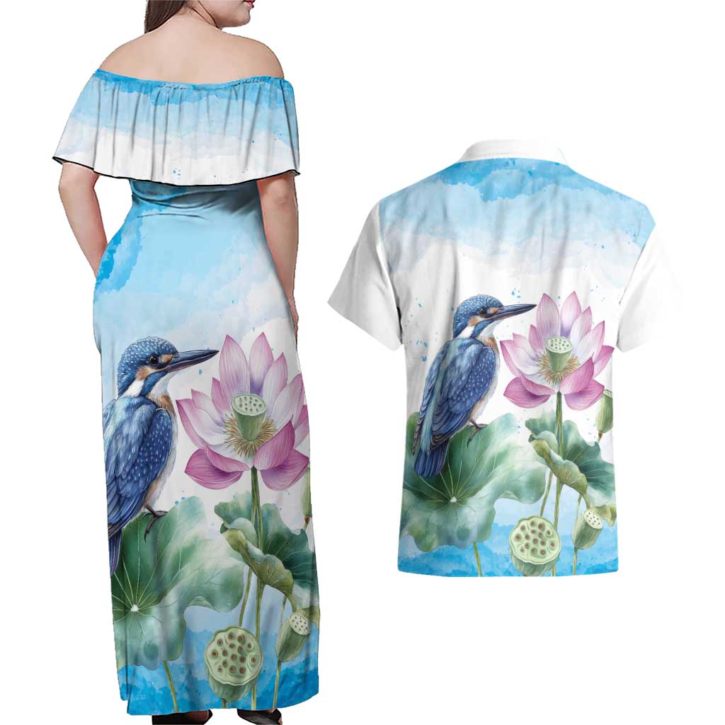 Australia Azure Kingfisher Couples Matching Off Shoulder Maxi Dress and Hawaiian Shirt Ceyx Azureus Sacred Lotus Watercolor - Aussie Hoodie