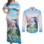 Australia Azure Kingfisher Couples Matching Off Shoulder Maxi Dress and Long Sleeve Button Shirt Ceyx Azureus Sacred Lotus Watercolor - Aussie Hoodie