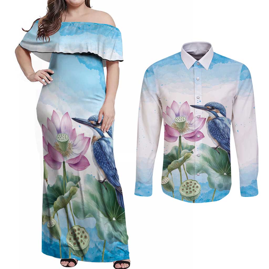 Australia Azure Kingfisher Couples Matching Off Shoulder Maxi Dress and Long Sleeve Button Shirt Ceyx Azureus Sacred Lotus Watercolor - Aussie Hoodie