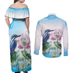 Australia Azure Kingfisher Couples Matching Off Shoulder Maxi Dress and Long Sleeve Button Shirt Ceyx Azureus Sacred Lotus Watercolor - Aussie Hoodie