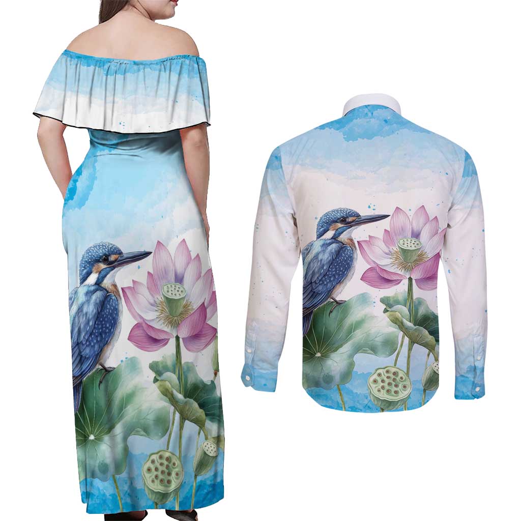 Australia Azure Kingfisher Couples Matching Off Shoulder Maxi Dress and Long Sleeve Button Shirt Ceyx Azureus Sacred Lotus Watercolor - Aussie Hoodie