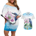 Australia Azure Kingfisher Couples Matching Off Shoulder Short Dress and Hawaiian Shirt Ceyx Azureus Sacred Lotus Watercolor - Aussie Hoodie