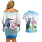 Australia Azure Kingfisher Couples Matching Off Shoulder Short Dress and Hawaiian Shirt Ceyx Azureus Sacred Lotus Watercolor - Aussie Hoodie
