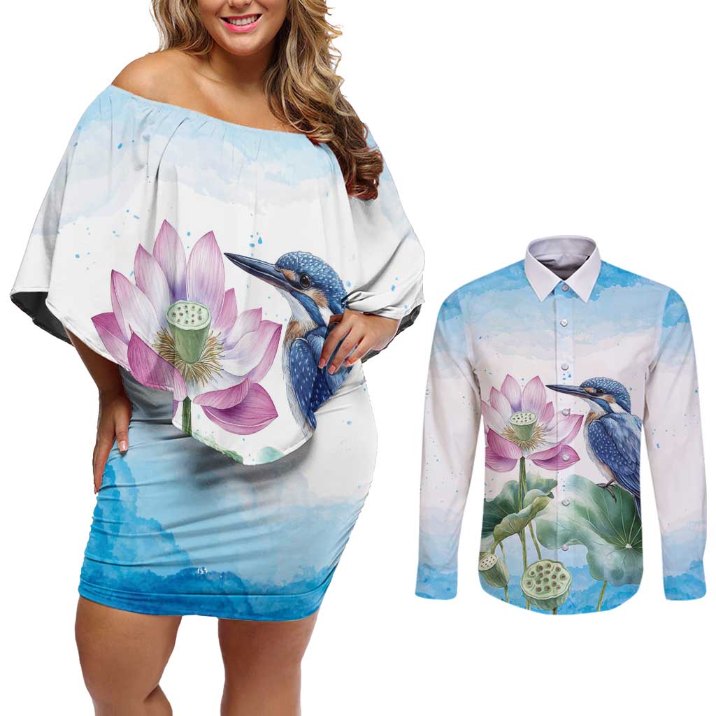 Australia Azure Kingfisher Couples Matching Off Shoulder Short Dress and Long Sleeve Button Shirt Ceyx Azureus Sacred Lotus Watercolor - Aussie Hoodie