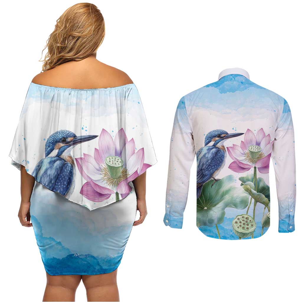Australia Azure Kingfisher Couples Matching Off Shoulder Short Dress and Long Sleeve Button Shirt Ceyx Azureus Sacred Lotus Watercolor - Aussie Hoodie