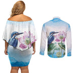 Australia Azure Kingfisher Couples Matching Off Shoulder Short Dress and Long Sleeve Button Shirt Ceyx Azureus Sacred Lotus Watercolor - Aussie Hoodie