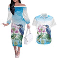 Australia Azure Kingfisher Couples Matching Off The Shoulder Long Sleeve Dress and Hawaiian Shirt Ceyx Azureus Sacred Lotus Watercolor - Aussie Hoodie