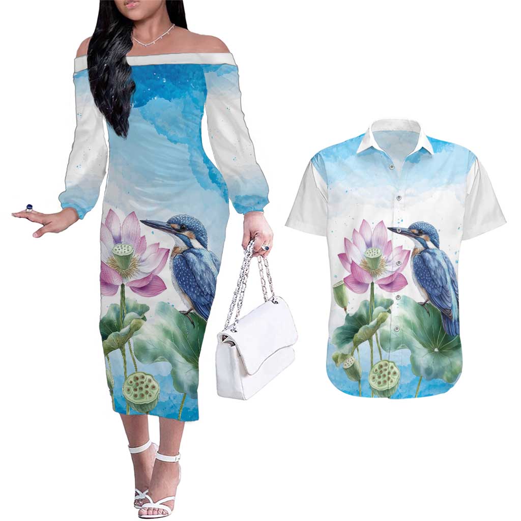 Australia Azure Kingfisher Couples Matching Off The Shoulder Long Sleeve Dress and Hawaiian Shirt Ceyx Azureus Sacred Lotus Watercolor - Aussie Hoodie