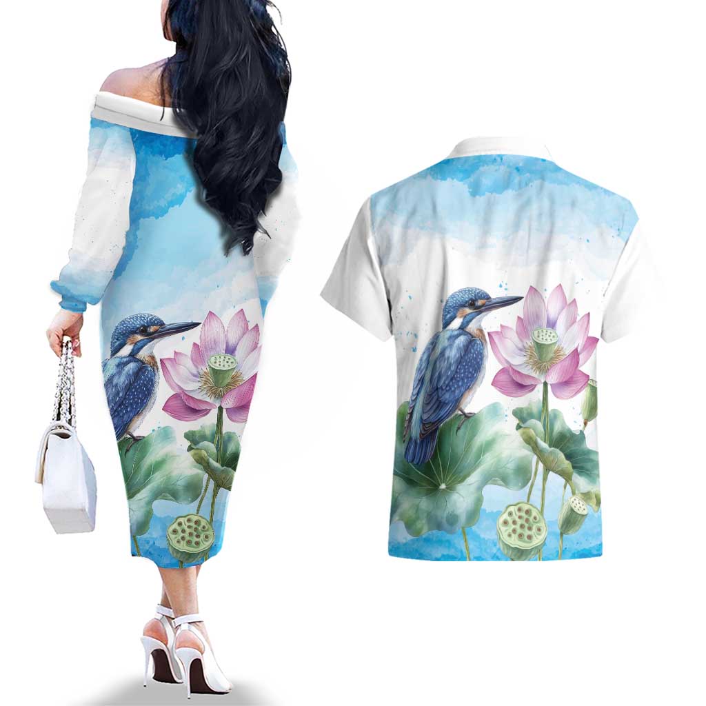 Australia Azure Kingfisher Couples Matching Off The Shoulder Long Sleeve Dress and Hawaiian Shirt Ceyx Azureus Sacred Lotus Watercolor - Aussie Hoodie