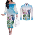 Australia Azure Kingfisher Couples Matching Off The Shoulder Long Sleeve Dress and Long Sleeve Button Shirt Ceyx Azureus Sacred Lotus Watercolor - Aussie Hoodie
