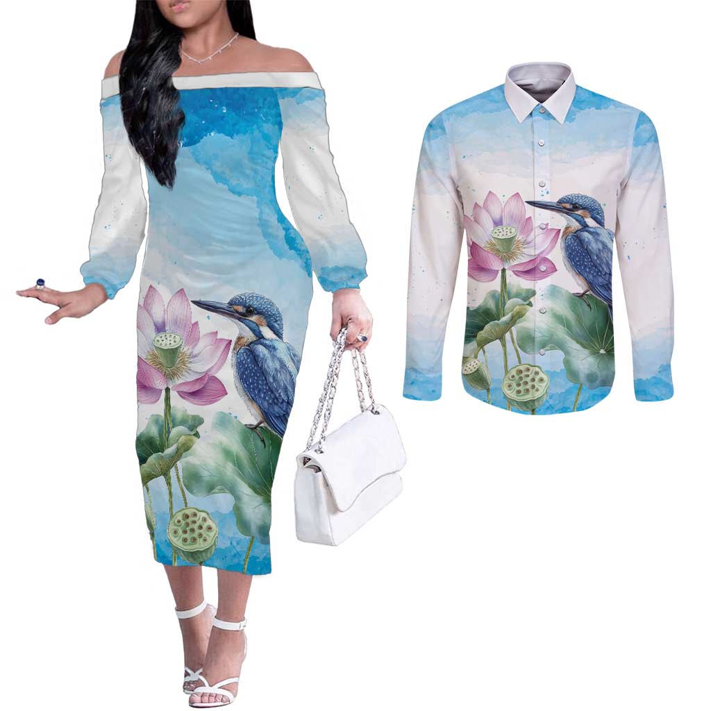 Australia Azure Kingfisher Couples Matching Off The Shoulder Long Sleeve Dress and Long Sleeve Button Shirt Ceyx Azureus Sacred Lotus Watercolor - Aussie Hoodie
