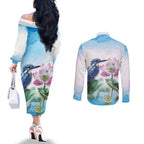 Australia Azure Kingfisher Couples Matching Off The Shoulder Long Sleeve Dress and Long Sleeve Button Shirt Ceyx Azureus Sacred Lotus Watercolor - Aussie Hoodie