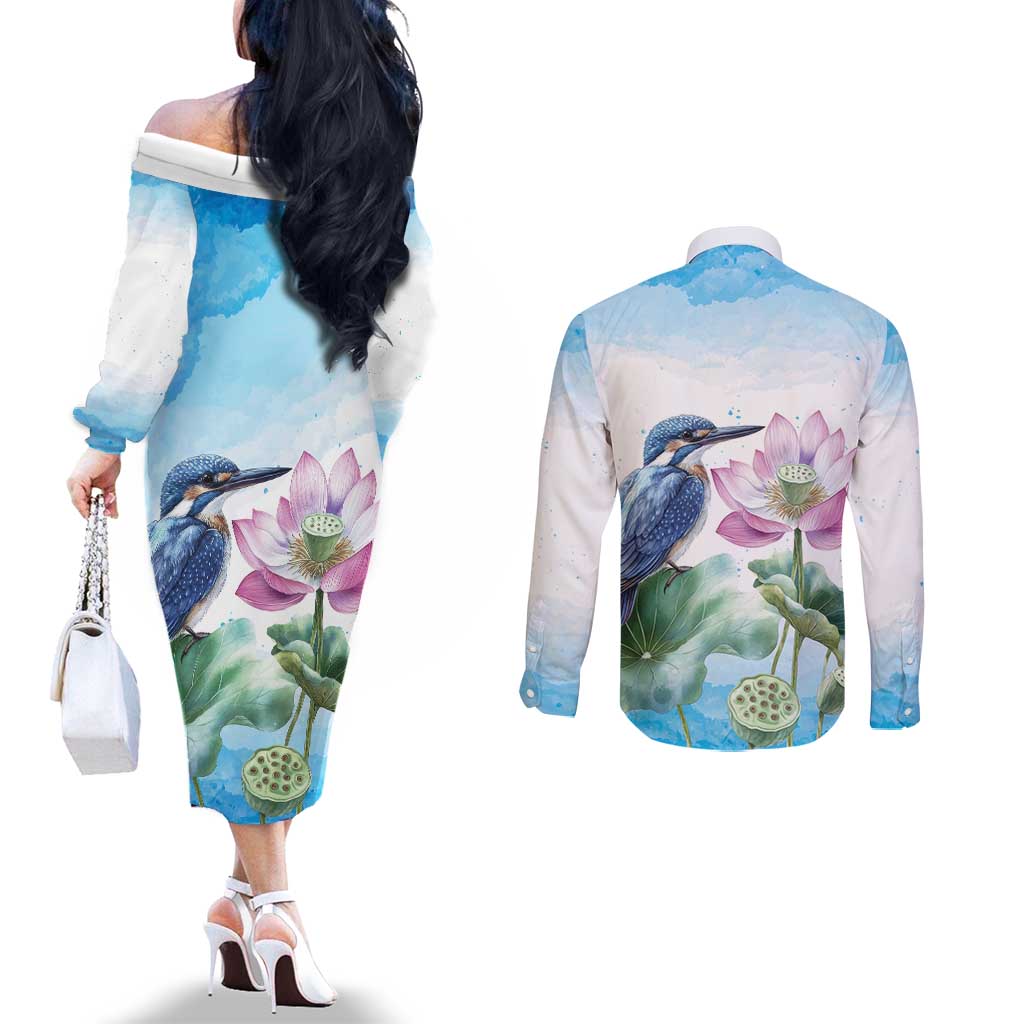 Australia Azure Kingfisher Couples Matching Off The Shoulder Long Sleeve Dress and Long Sleeve Button Shirt Ceyx Azureus Sacred Lotus Watercolor - Aussie Hoodie