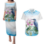 Australia Azure Kingfisher Couples Matching Puletasi and Hawaiian Shirt Ceyx Azureus Sacred Lotus Watercolor - Aussie Hoodie