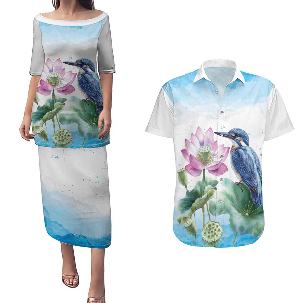 Australia Azure Kingfisher Couples Matching Puletasi and Hawaiian Shirt Ceyx Azureus Sacred Lotus Watercolor - Aussie Hoodie