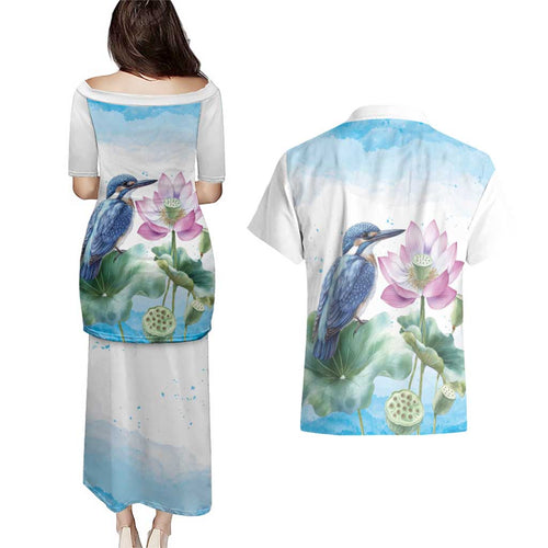 Australia Azure Kingfisher Couples Matching Puletasi and Hawaiian Shirt Ceyx Azureus Sacred Lotus Watercolor - Aussie Hoodie
