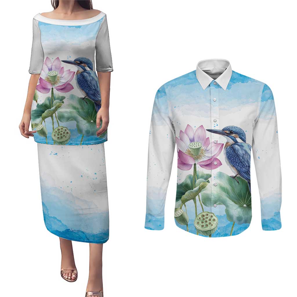 Australia Azure Kingfisher Couples Matching Puletasi and Long Sleeve Button Shirt Ceyx Azureus Sacred Lotus Watercolor - Aussie Hoodie