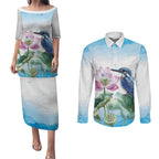Australia Azure Kingfisher Couples Matching Puletasi and Long Sleeve Button Shirt Ceyx Azureus Sacred Lotus Watercolor - Aussie Hoodie