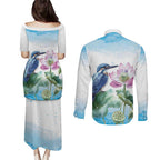 Australia Azure Kingfisher Couples Matching Puletasi and Long Sleeve Button Shirt Ceyx Azureus Sacred Lotus Watercolor - Aussie Hoodie