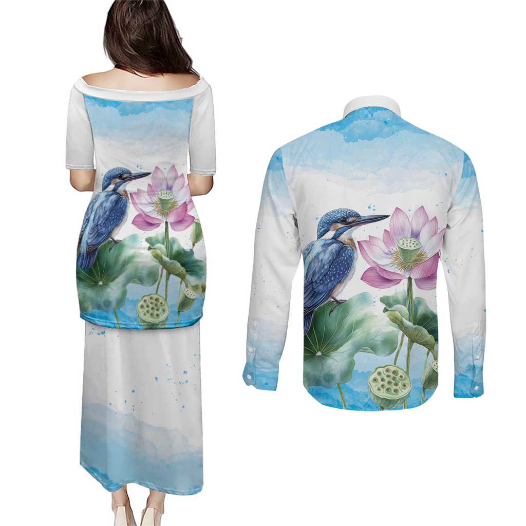 Australia Azure Kingfisher Couples Matching Puletasi and Long Sleeve Button Shirt Ceyx Azureus Sacred Lotus Watercolor - Aussie Hoodie