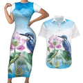 Australia Azure Kingfisher Couples Matching Short Sleeve Bodycon Dress and Hawaiian Shirt Ceyx Azureus Sacred Lotus Watercolor - Aussie Hoodie
