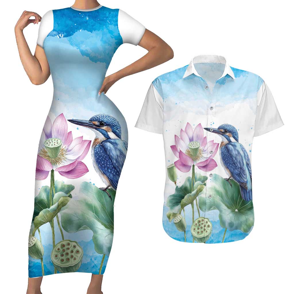 Australia Azure Kingfisher Couples Matching Short Sleeve Bodycon Dress and Hawaiian Shirt Ceyx Azureus Sacred Lotus Watercolor - Aussie Hoodie