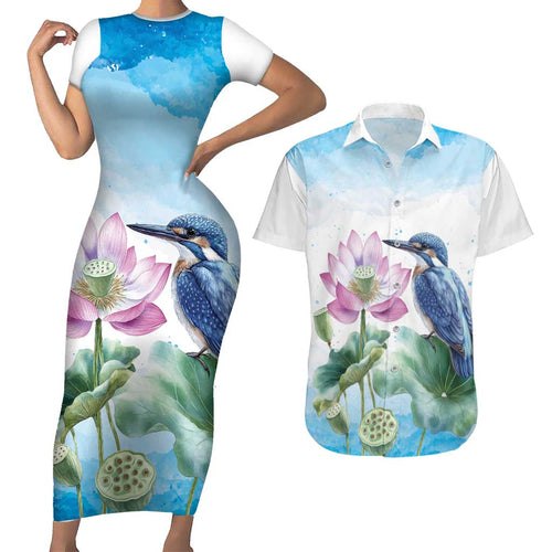 Australia Azure Kingfisher Couples Matching Short Sleeve Bodycon Dress and Hawaiian Shirt Ceyx Azureus Sacred Lotus Watercolor - Aussie Hoodie