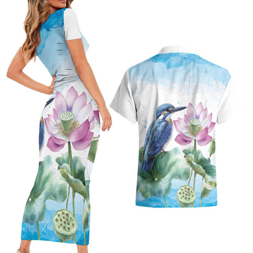 Australia Azure Kingfisher Couples Matching Short Sleeve Bodycon Dress and Hawaiian Shirt Ceyx Azureus Sacred Lotus Watercolor - Aussie Hoodie