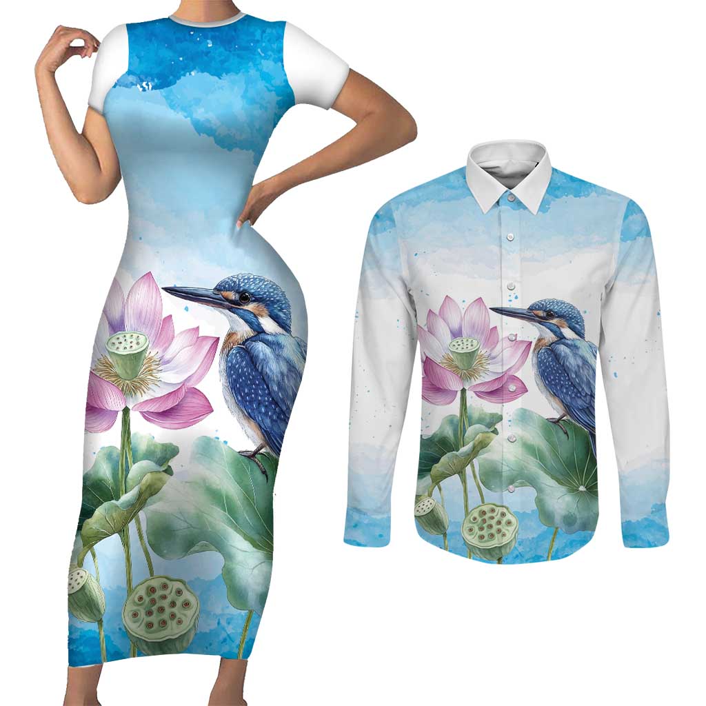 Australia Azure Kingfisher Couples Matching Short Sleeve Bodycon Dress and Long Sleeve Button Shirt Ceyx Azureus Sacred Lotus Watercolor - Aussie Hoodie