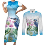 Australia Azure Kingfisher Couples Matching Short Sleeve Bodycon Dress and Long Sleeve Button Shirt Ceyx Azureus Sacred Lotus Watercolor - Aussie Hoodie