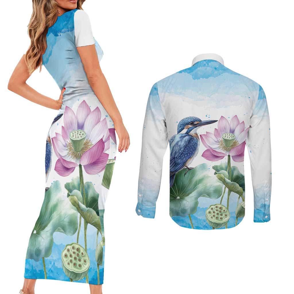 Australia Azure Kingfisher Couples Matching Short Sleeve Bodycon Dress and Long Sleeve Button Shirt Ceyx Azureus Sacred Lotus Watercolor - Aussie Hoodie