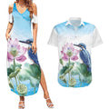 Australia Azure Kingfisher Couples Matching Summer Maxi Dress and Hawaiian Shirt Ceyx Azureus Sacred Lotus Watercolor - Aussie Hoodie