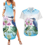 Australia Azure Kingfisher Couples Matching Summer Maxi Dress and Hawaiian Shirt Ceyx Azureus Sacred Lotus Watercolor - Aussie Hoodie