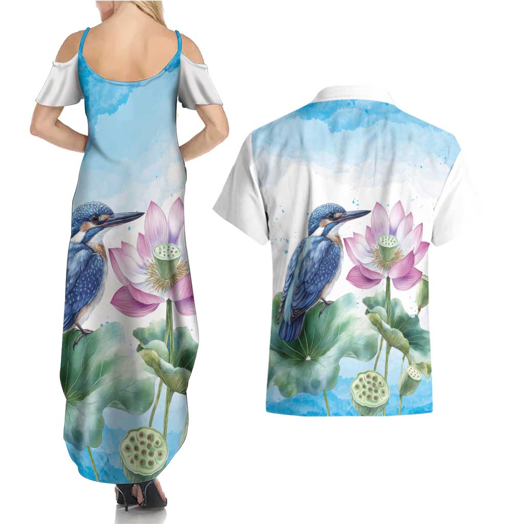 Australia Azure Kingfisher Couples Matching Summer Maxi Dress and Hawaiian Shirt Ceyx Azureus Sacred Lotus Watercolor - Aussie Hoodie