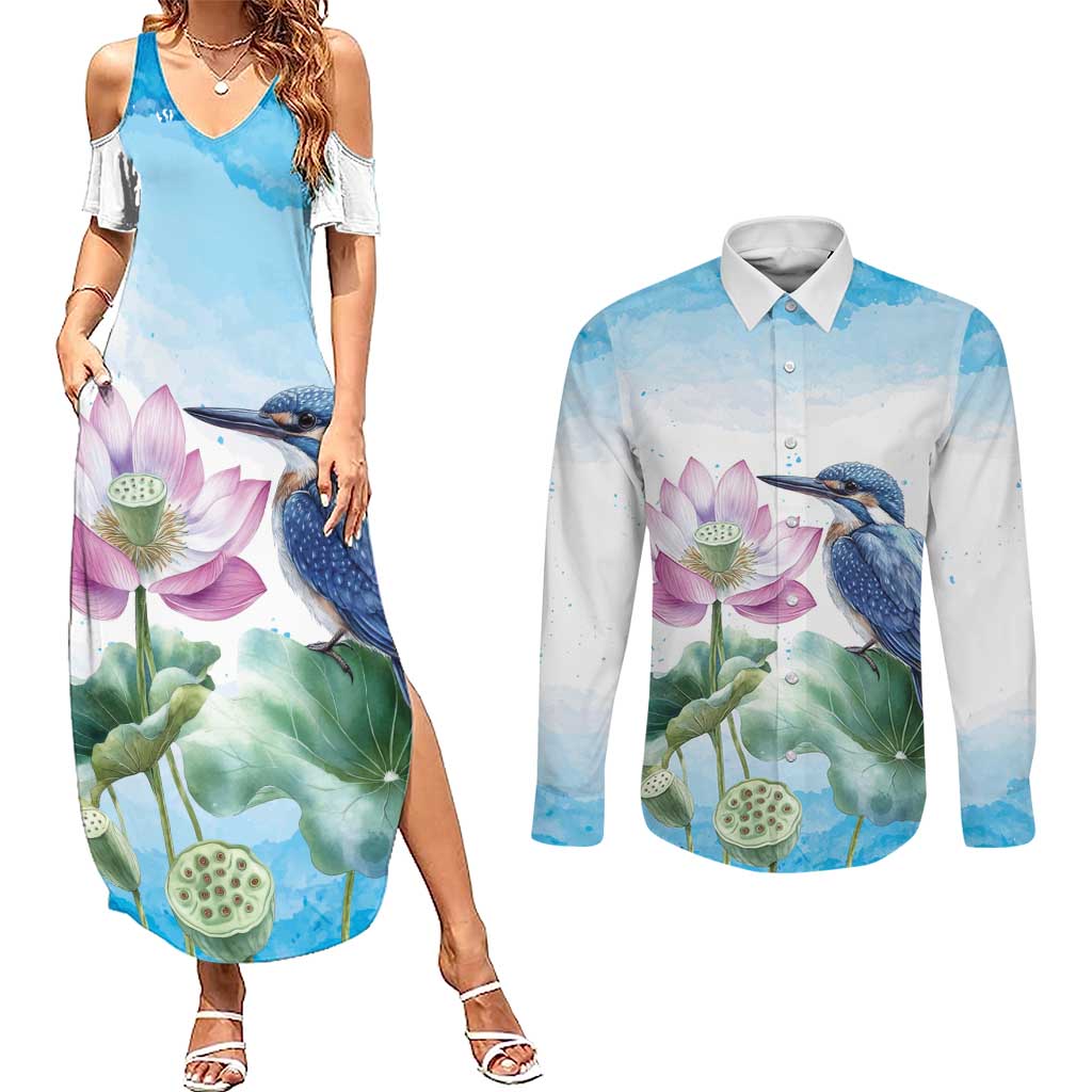 Australia Azure Kingfisher Couples Matching Summer Maxi Dress and Long Sleeve Button Shirt Ceyx Azureus Sacred Lotus Watercolor - Aussie Hoodie