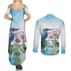 Australia Azure Kingfisher Couples Matching Summer Maxi Dress and Long Sleeve Button Shirt Ceyx Azureus Sacred Lotus Watercolor - Aussie Hoodie