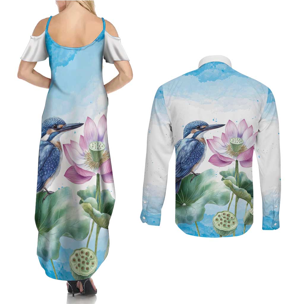 Australia Azure Kingfisher Couples Matching Summer Maxi Dress and Long Sleeve Button Shirt Ceyx Azureus Sacred Lotus Watercolor - Aussie Hoodie